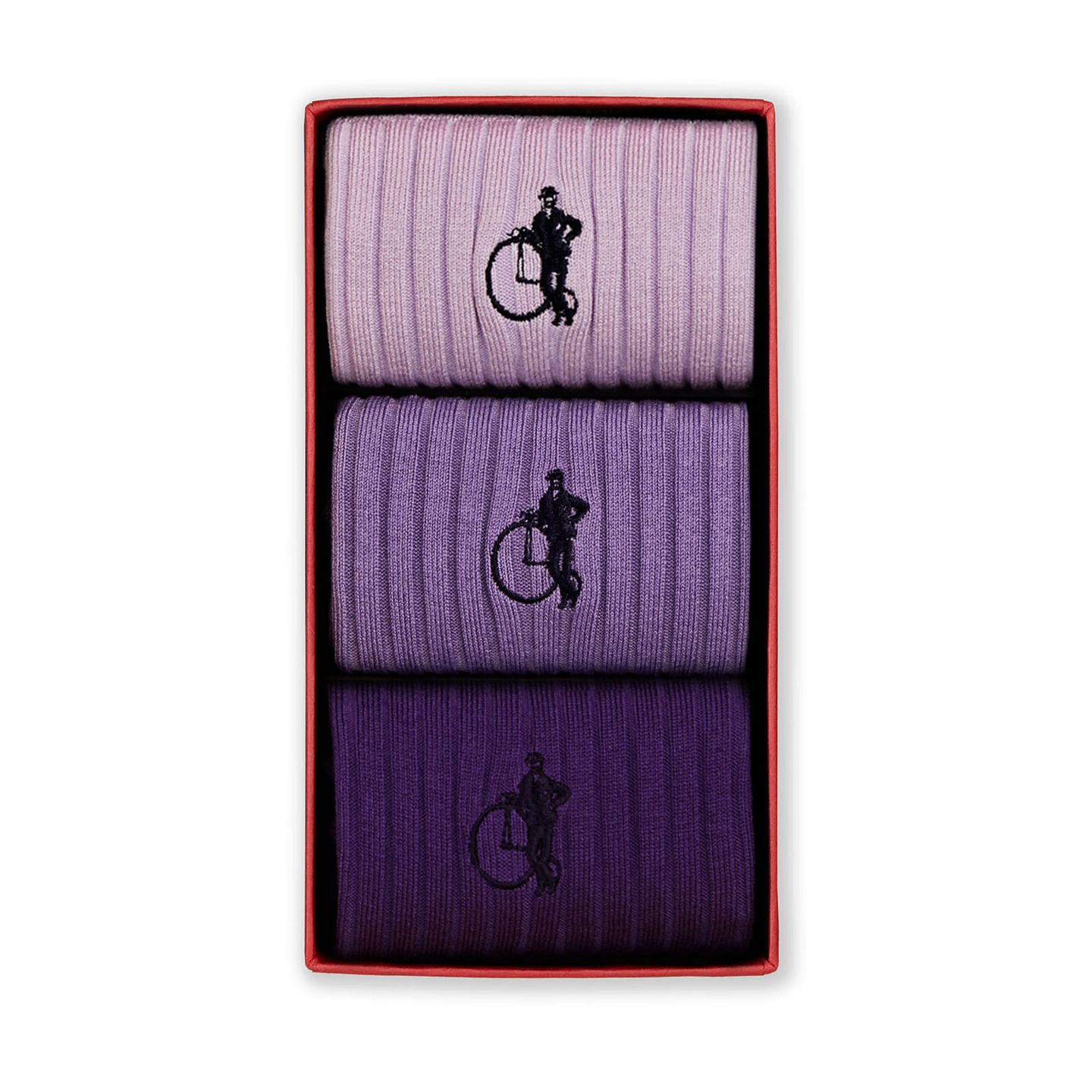 3 pair of purple socks in a box