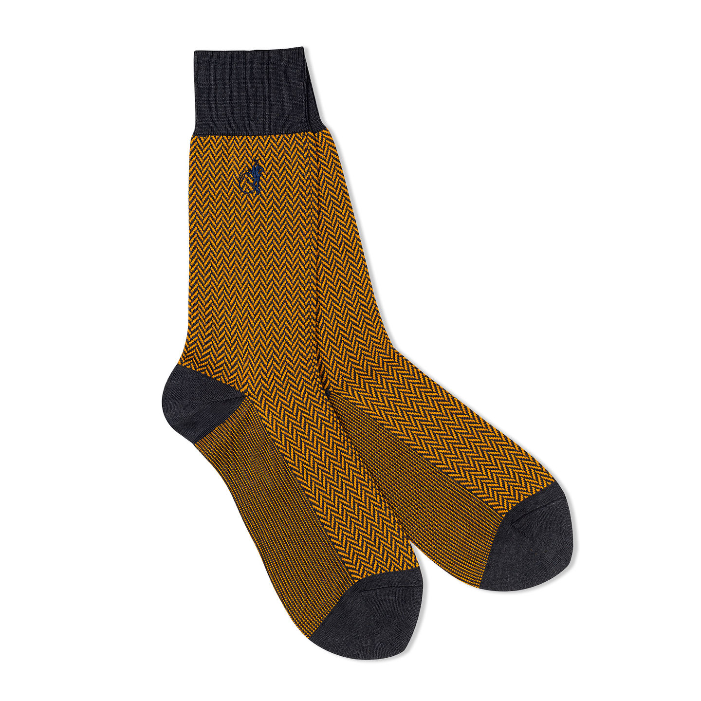 Pair of Herringbone socks in the distinct zig zag pattern on black and yellow