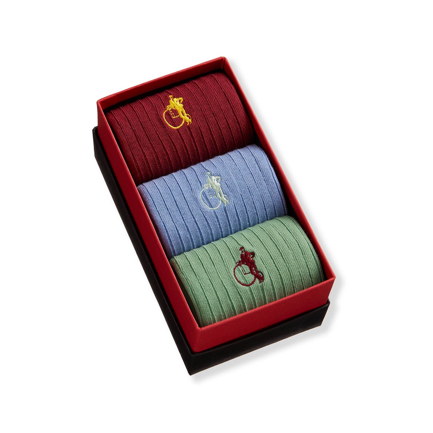 3 pairs of red, light blue and green mens socks in a presentation box