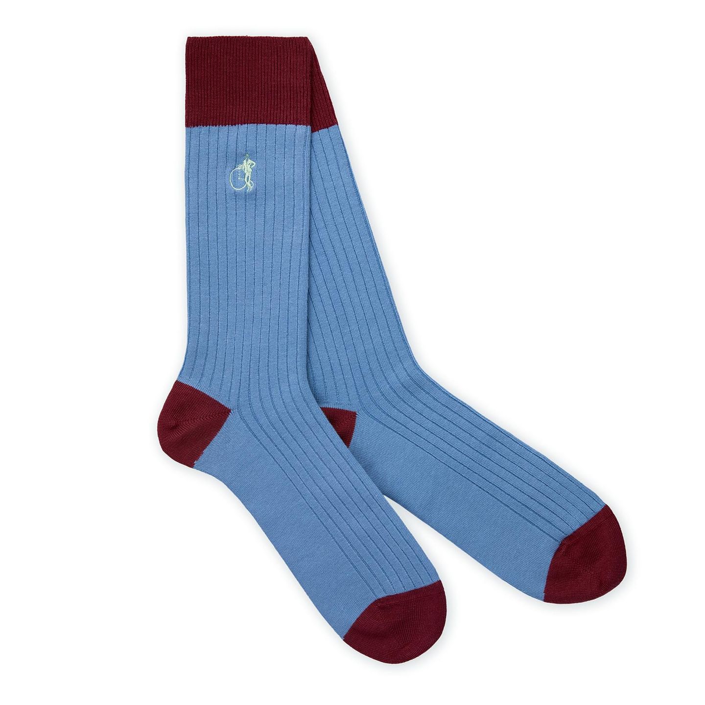 A pair of blue and red socks with a white background