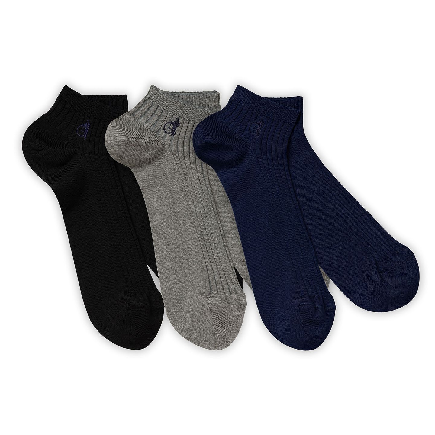 3 pairs of cotton trainer socks in black, grey and dark blue