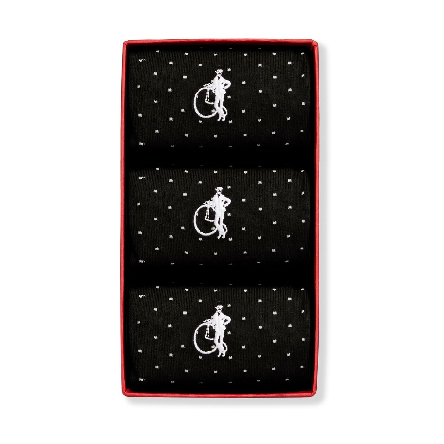 3 pairs of black and white polka dots socks in a box