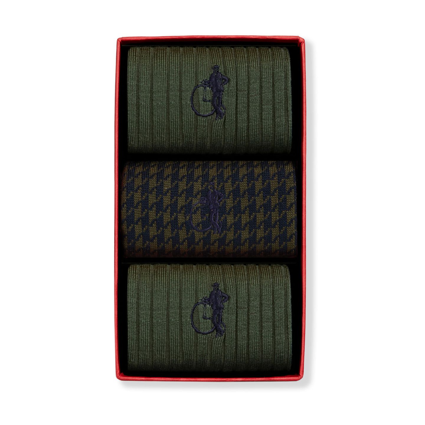 3 pair of olive green socks in a box