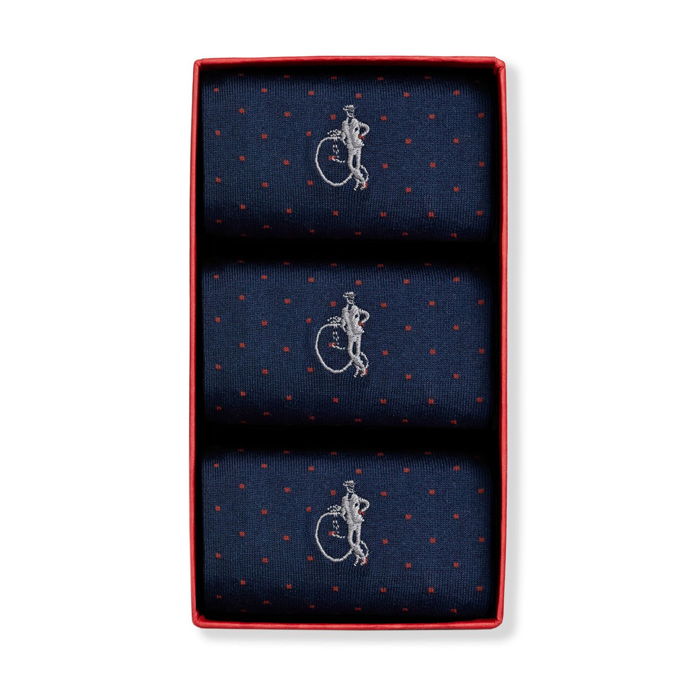 3 pair navy and red polka dot socks in a presentation box