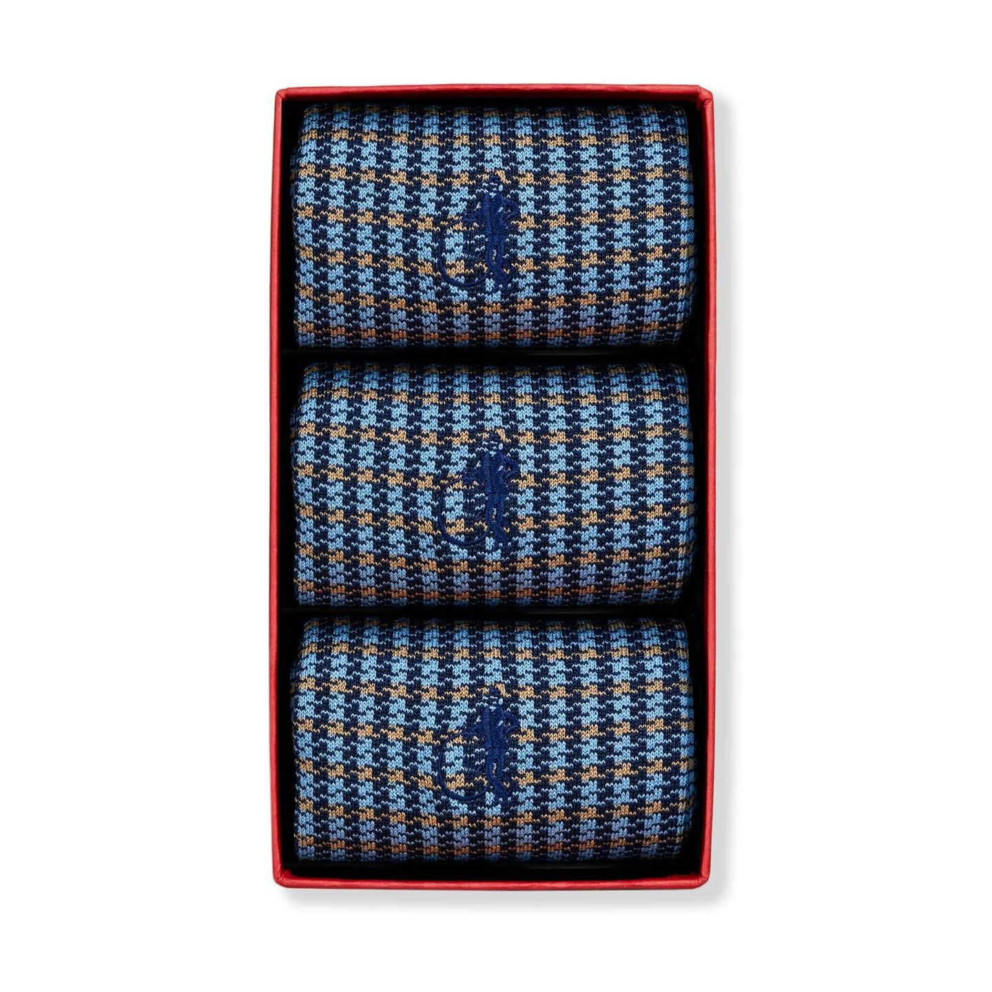 3 pair of blue and yellow chequered socks in a box