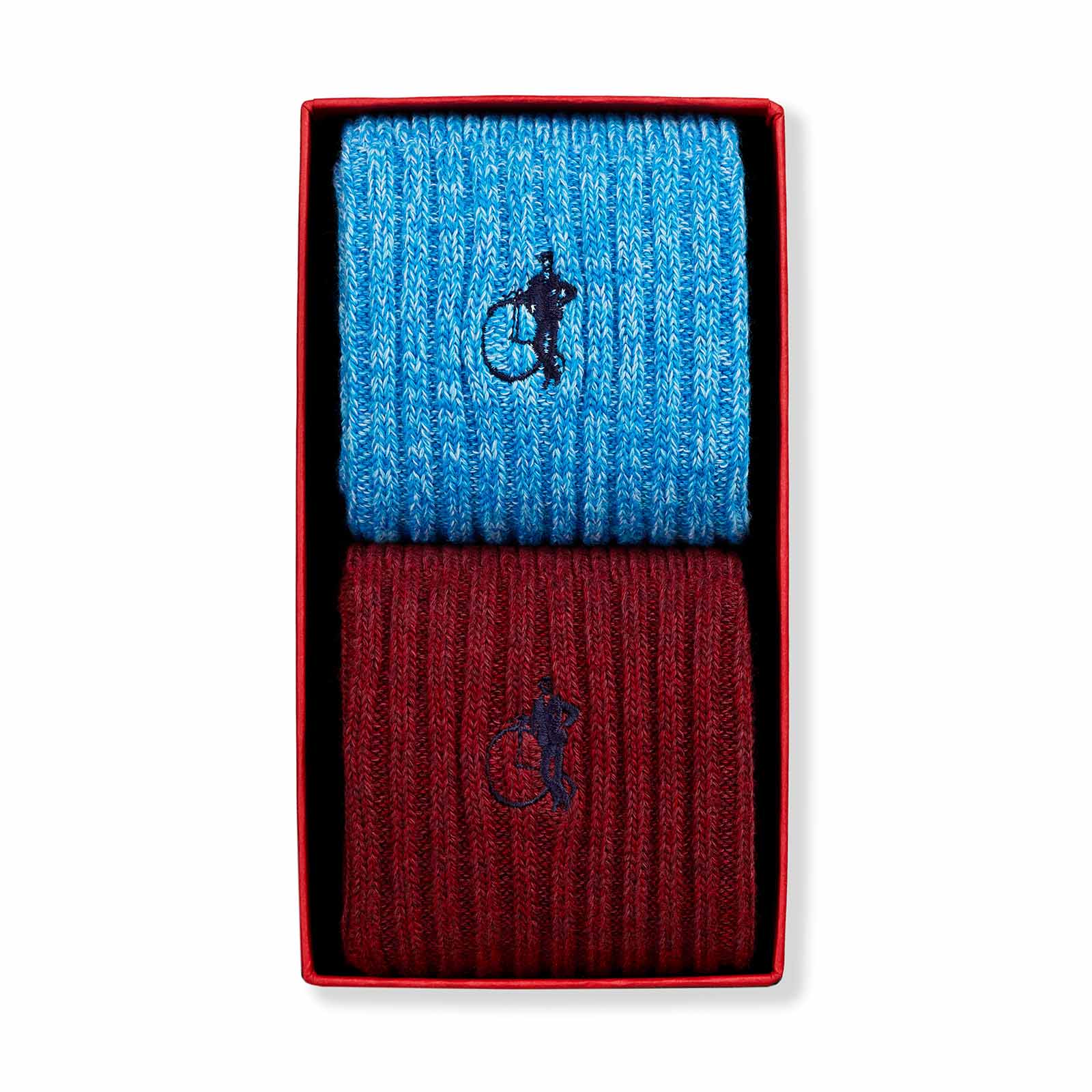 2 pairs of boot socks in blue and red