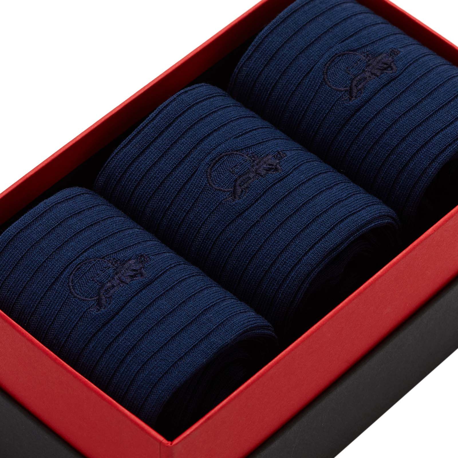 Close up of french blue socks in a presentation box