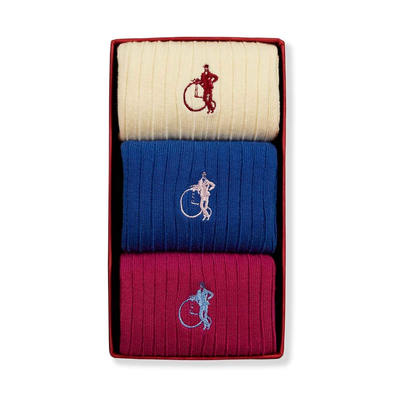 Cream, blue and pink mens socks in a presentation box