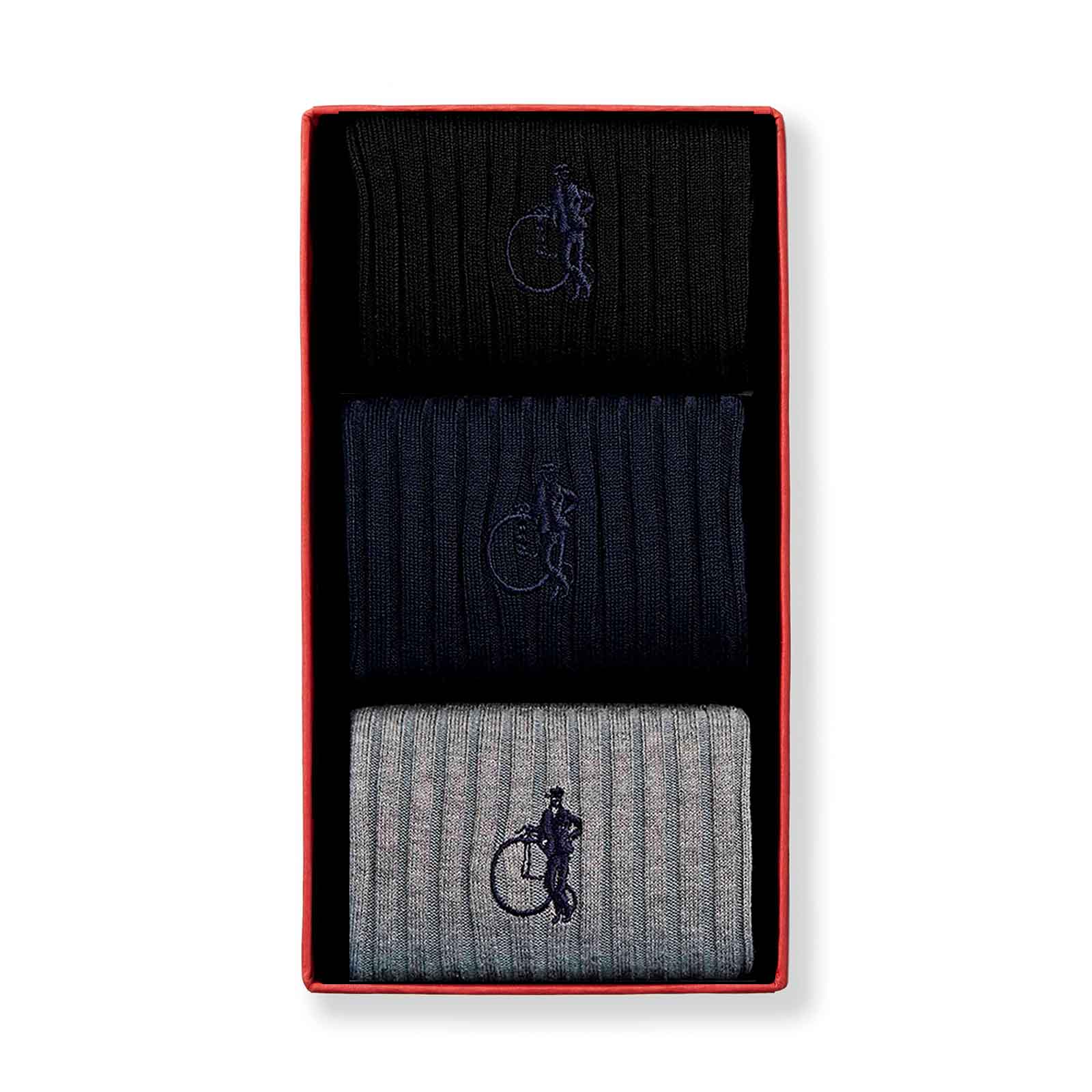 3 pair of simply traditional black and grey socks in a box