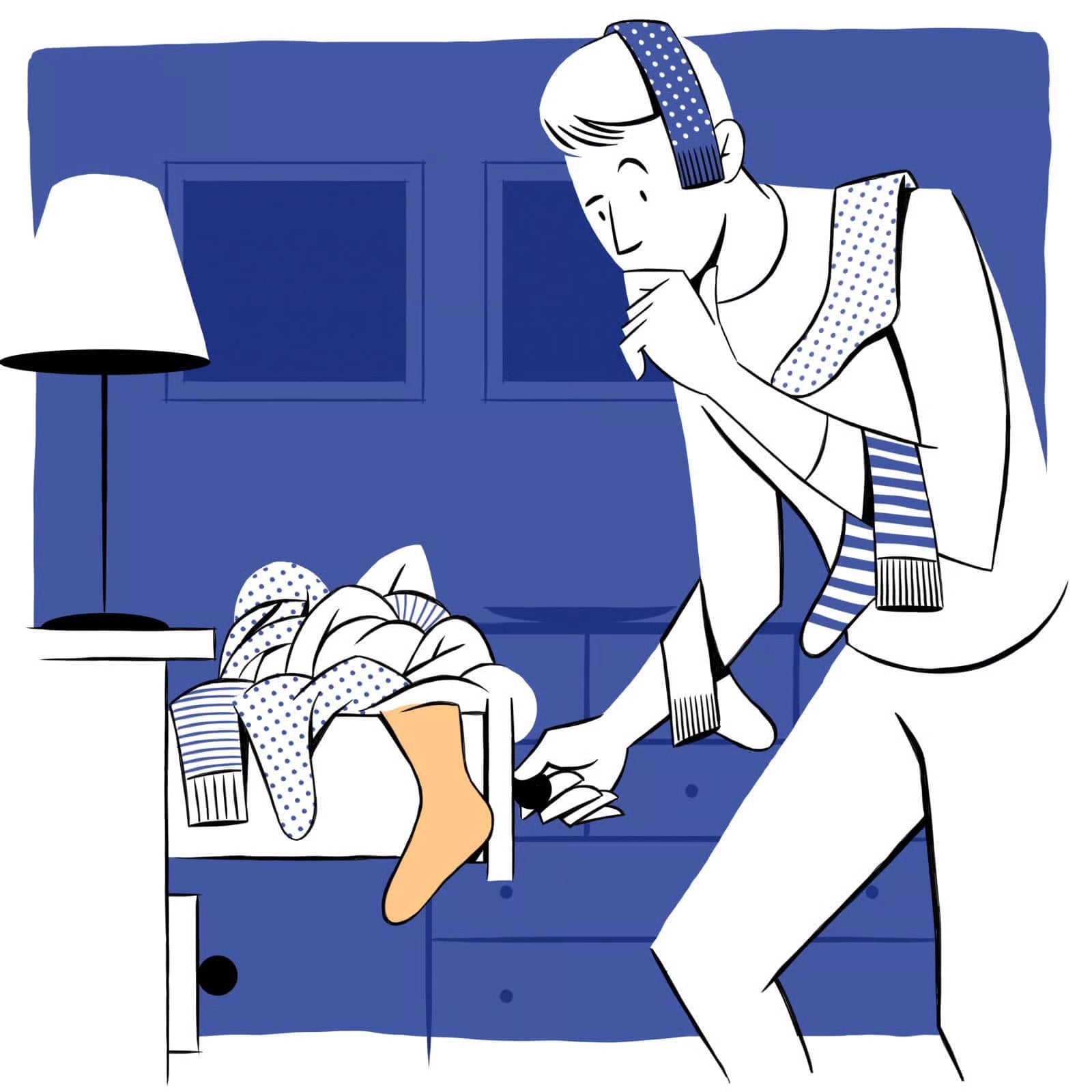 Cartoon image of a man going through his over-flowing sock drawer for the Sock Amnesty