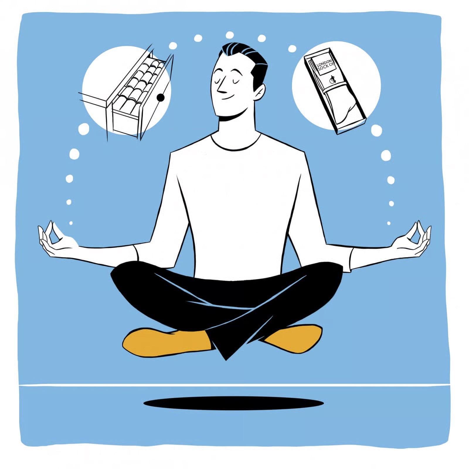 Cartoon of a person meditating and envisioning socks