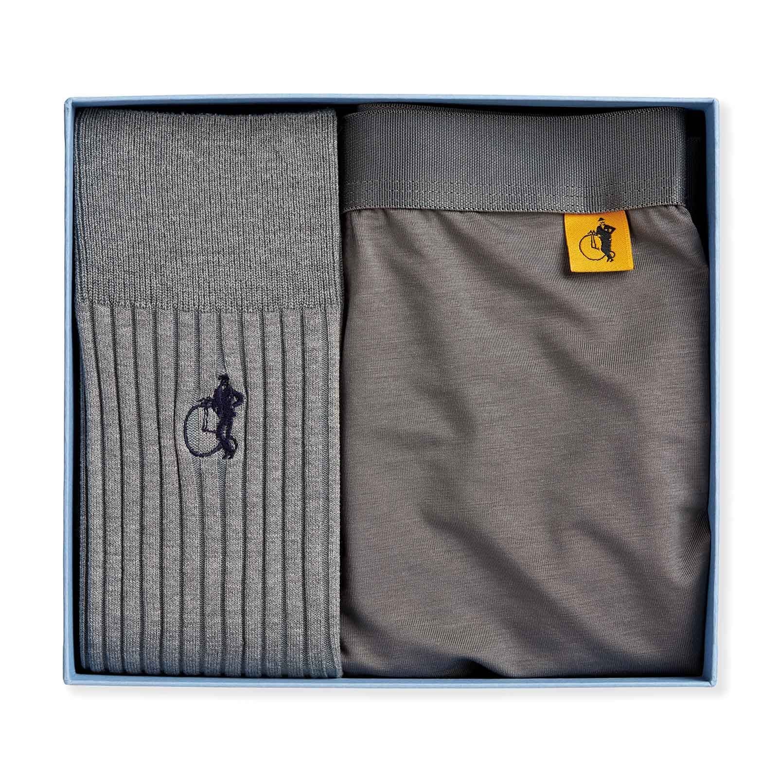 Grey boxer and sock bundle in presentation box