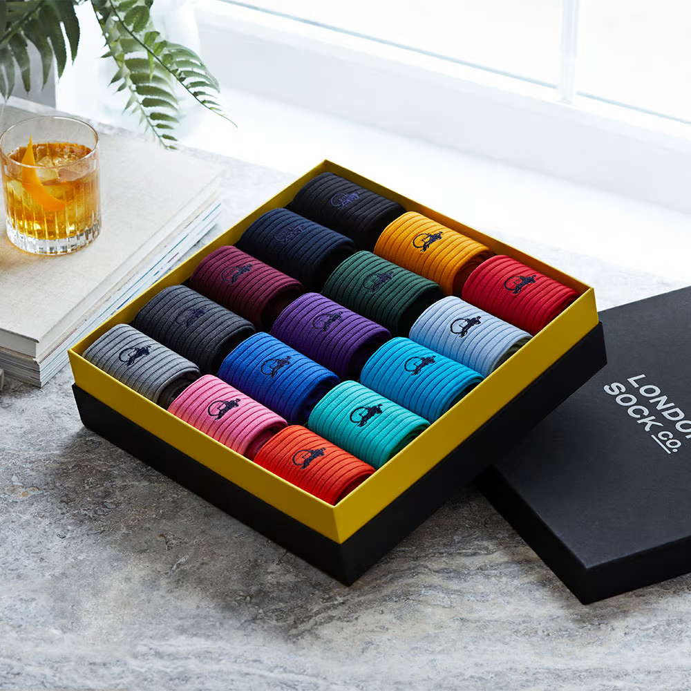 Colourful socks in a 15 pair presentation box